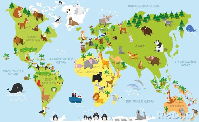 Fototapete Funny cartoon world map in german with traditional animals of all the continents and oceans. Vector illustration for preschool education and kids design
