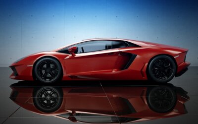 Futuristisches rotes Auto auf einem Spiegelboden
