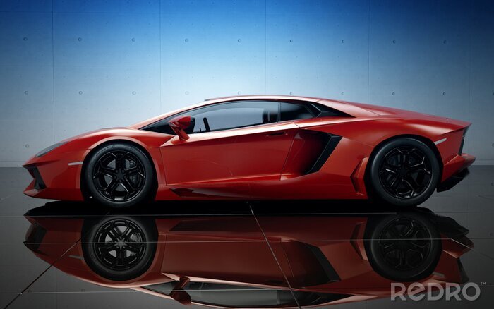 Fototapete Futuristisches rotes Auto auf einem Spiegelboden
