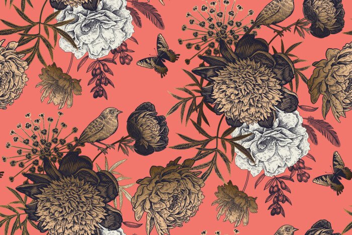 Fototapete Garden flowers peonies on a coral background. Luxury seamless pattern.