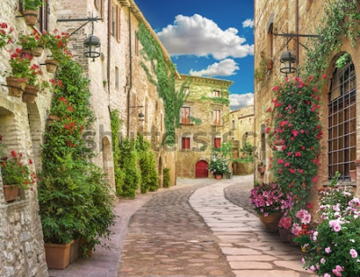 Fototapete Gasse mit Blumen in Italien