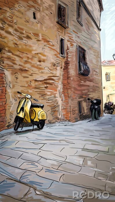 Fototapete Gassen Toskana auf bunter Illustration