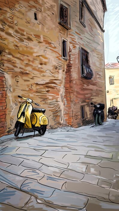 Fototapete Gassen Toskana auf bunter Illustration