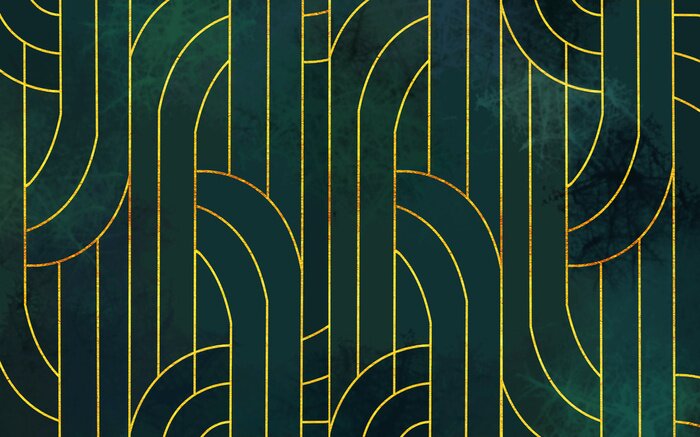 Fototapete Gelbe 3D-Linien auf dunklem Hintergrund in Grüntönen