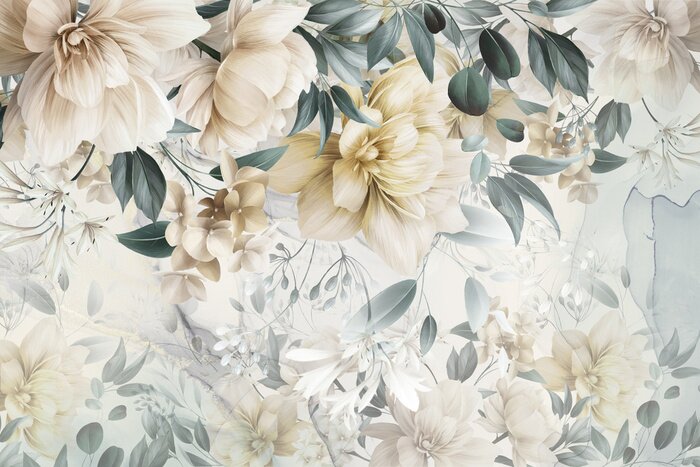 Fototapete Gelbe Blumen zwischen grünen Blättern