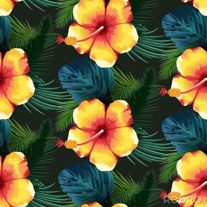 Fototapete Gelbe exotische Blumen und Blätter