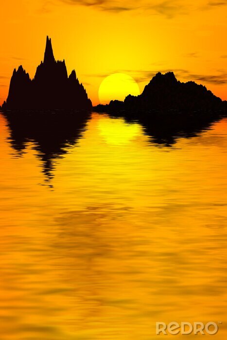 Fototapete Gelbe Sonne zwischen den Bergen