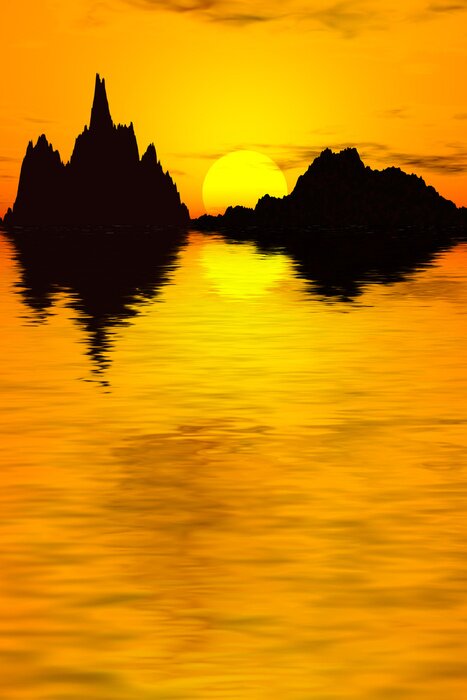 Fototapete Gelbe Sonne zwischen den Bergen