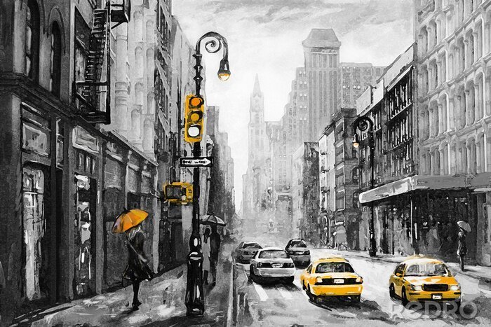 Fototapete Gelbe Taxis bei Regenwetter