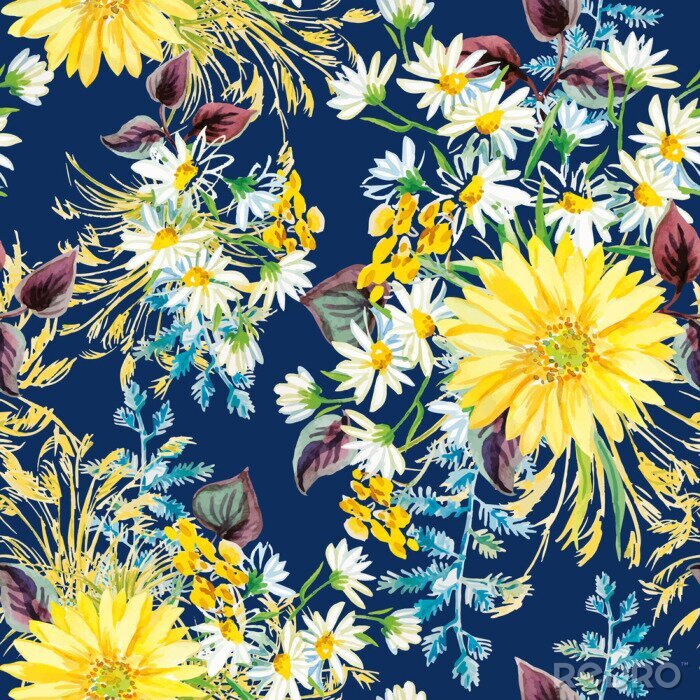Fototapete Gelbe und weiße Blüten mit violetten Blättern und floralen Elementen auf dem dunkelblauen Hintergrund. Aquarell nahtlose Muster mit Sommerblumen. Gerbera und Gänseblümchen.