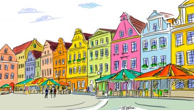 Fototapete Gemalte Altstadt mit buten Häusern