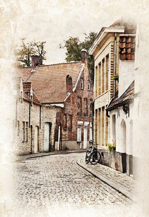 Fototapete Gemalte gepflasterte Gasse in Belgien