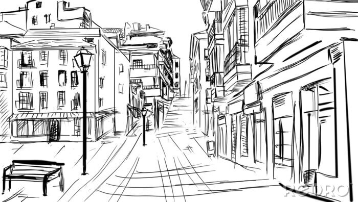 Fototapete Gemalte menschenleere Altstadt