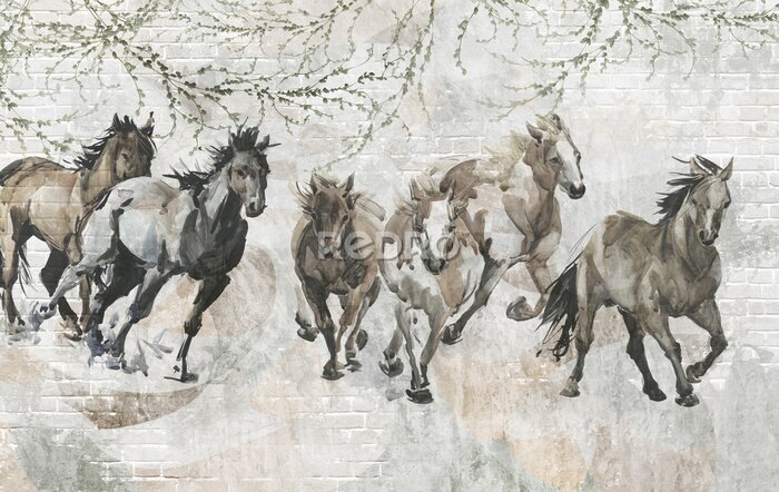 Fototapete Gemalte Pferde auf einer Ziegelwand