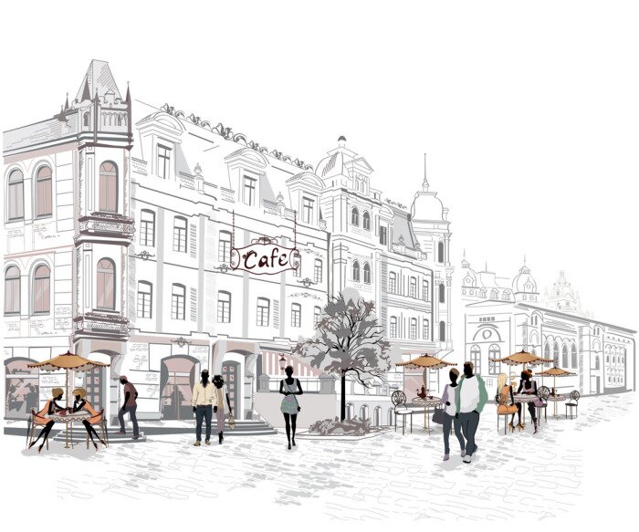 Fototapete Gemalte Straße mit Passanten