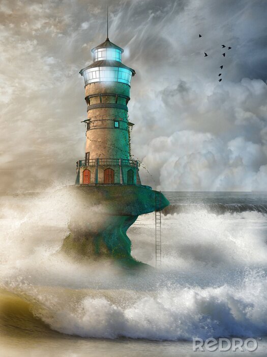 Fototapete Gemalter Leuchtturm über Wellen