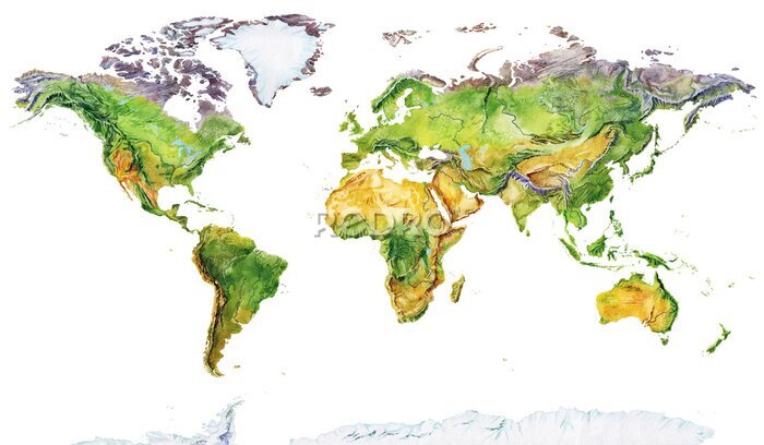 Fototapete Geografische Weltkarte mit Aquarellfarben gemalt