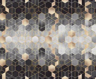 Fototapete Geometric abstraction of hexagons on a black and white relief background with gold elements. Mural for interior painting. Wall painting.