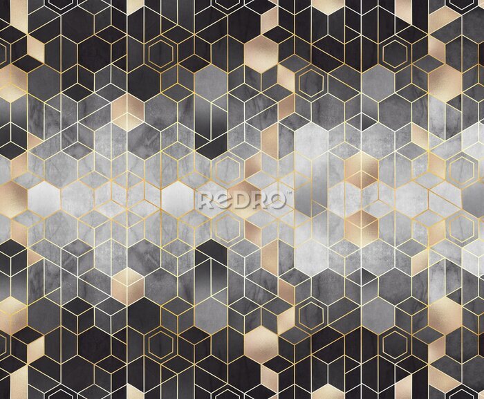 Fototapete Geometric abstraction of hexagons on a black and white relief background with gold elements. Mural for interior painting. Wall painting.