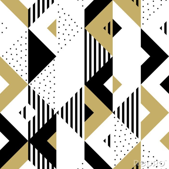 Fototapete Geometrisches abstraktes goldenes nahtloses Muster des Dreiecks. Vector Hintergrund der schwarzen, weißen und goldenen dreieckigen Muster oder Quadrat Swatch Ornament Textur oder Mosaik Design Hinterg