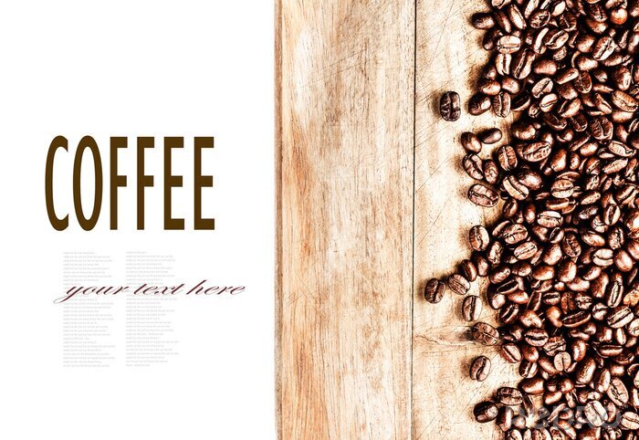 Fototapete Geröstete Kaffeebohnen Hintergrund Textur auf Holzbrett Rahmen