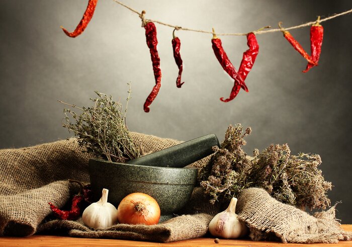 Fototapete Getrocknete Kräuter und Gemüse