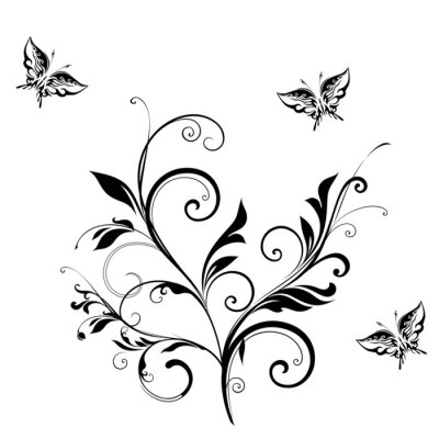 Fototapete Gezeichnete Schmetterlinge und schwarze Blume