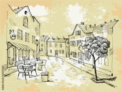 Fototapete Gezeichnete Straße mit Café und Baum