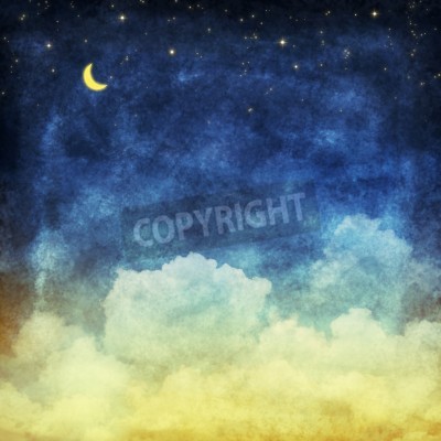 Fototapete Gezeichnete Wolken und Mond mit Sternen