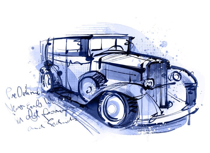 Fototapete Gezeichneter blauer Oldtimer