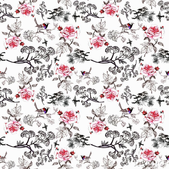 Fototapete Gezeichnetes nahtloses Muster des Aquarells Hand mit schönen Blumen und bunten Vögeln auf weißem Hintergrund.