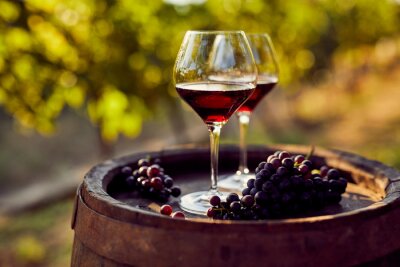 Fototapete Gläser Rotwein und Weintrauben