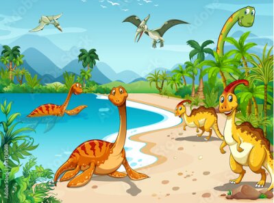 Fototapete Glückliche Dinosaurier am Strand im Cartoon-Stil