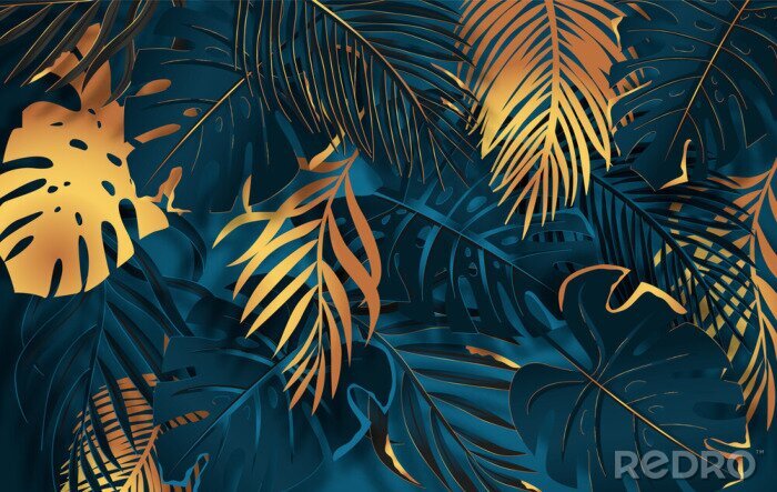 Fototapete Gold and dark vector turquoise tropical leaves on dark background. Exotic botanical background design for luxury brands.