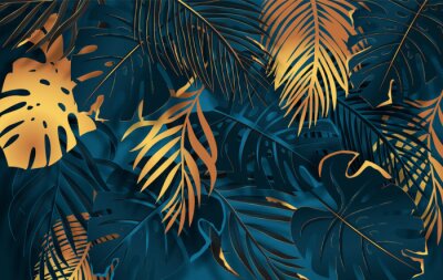 Fototapete Gold and dark vector turquoise tropical leaves on dark background. Exotic botanical background design for luxury brands.
