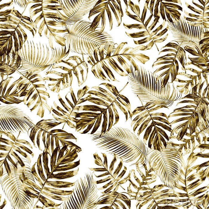 Fototapete Gold tropical leaves seamless pattern of native Monstera philodendron or Golden Pothos and palm leaves with gold effect, elegant tropical nature background.