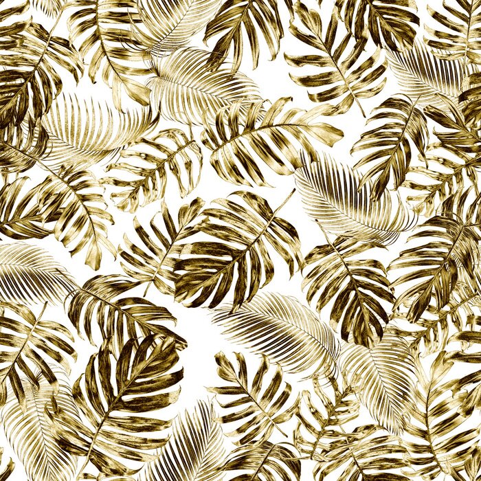 Fototapete Gold tropical leaves seamless pattern of native Monstera philodendron or Golden Pothos and palm leaves with gold effect, elegant tropical nature background.