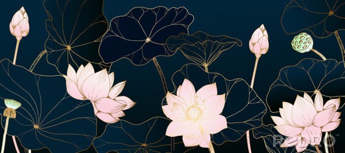 Fototapete Golden lotus line arts on dark background, Luxury gold wallpaper design for prints, banner, fabric, poster, cover, digital arts vector illustration.	