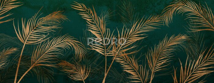 Fototapete Goldene Palmblätter auf dunkelgrünem Hintergrund