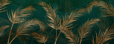 Fototapete Goldene Palmblätter auf dunkelgrünem Hintergrund