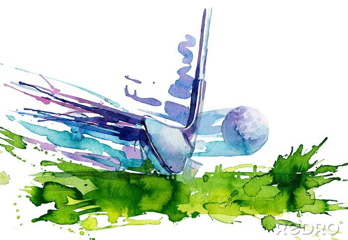 Fototapete Golfball und Schläger in Aquarell