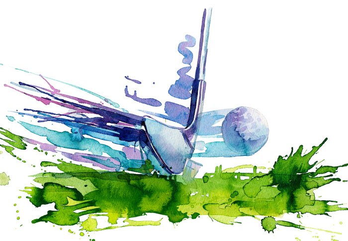 Fototapete Golfball und Schläger in Aquarell