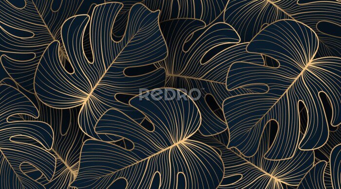 Fototapete Gradient golden linear background with monstera leaves. Hand drawn luxury golden tropical leaf on dark background. Vector linear illustration of leaves for prints, banner, poster, cover, wallpaper