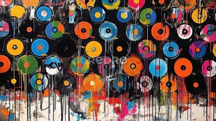 Fototapete Graffiti mit Schallplatten im Pop-Art-Stil