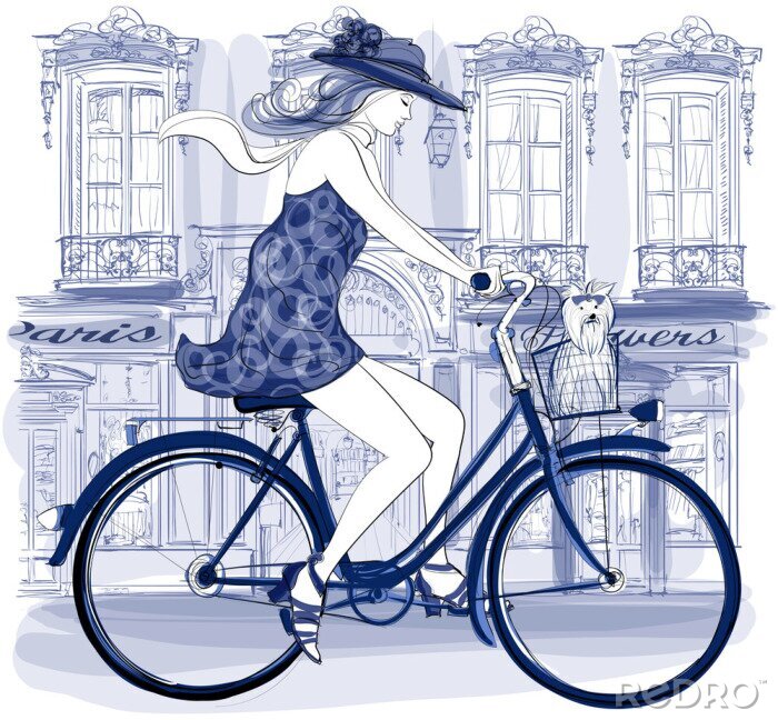 Fototapete Grafik mit einer Frau auf einem Fahrrad