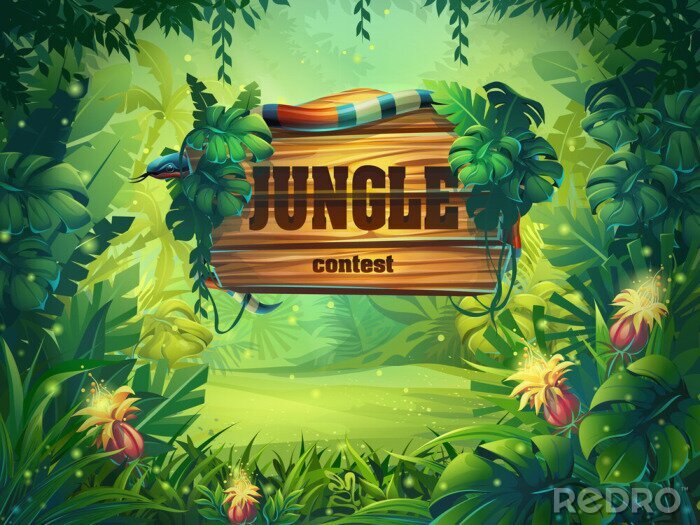 Fototapete Grafik mit einer Schlange und einem grünen Dschungel