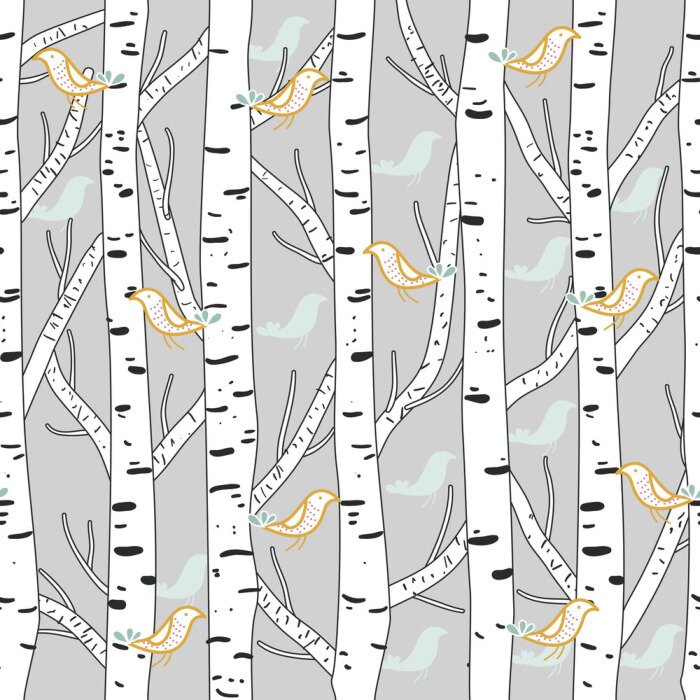Fototapete Grafik mit Vögeln und Birken
