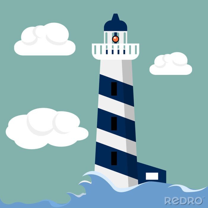 Fototapete Grafik mit weiß-blauem Leuchtturm