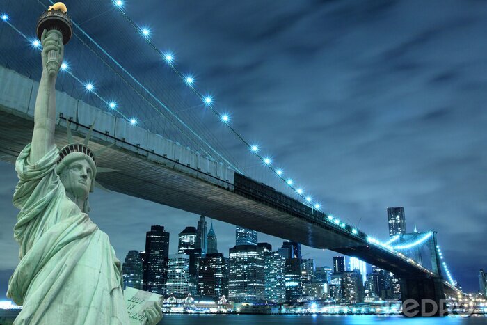 Fototapete Grafik von Brooklyn Bridge und Freiheitsstatue