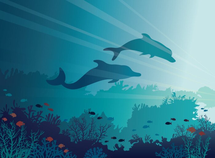 Fototapete Grafische Delfine und Korallenriff